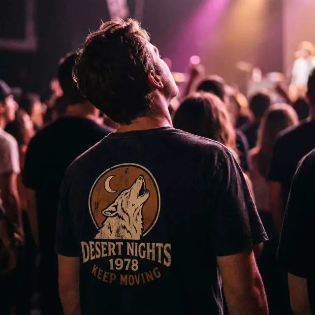 Back of someone's head at a live gig, distressed wolf badge tee