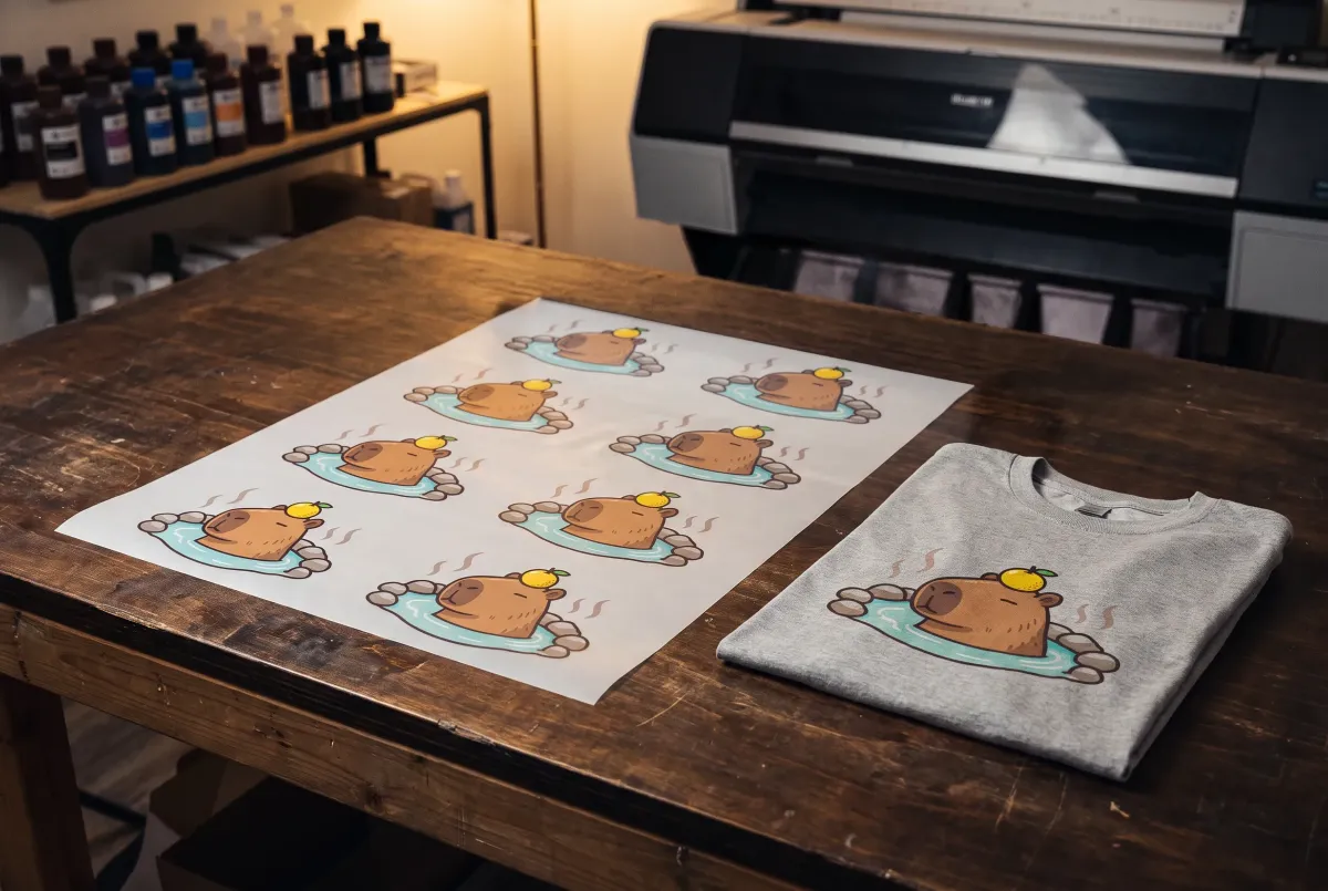 A roll of printed DTF transfers on the bench beside the finished t-shirt