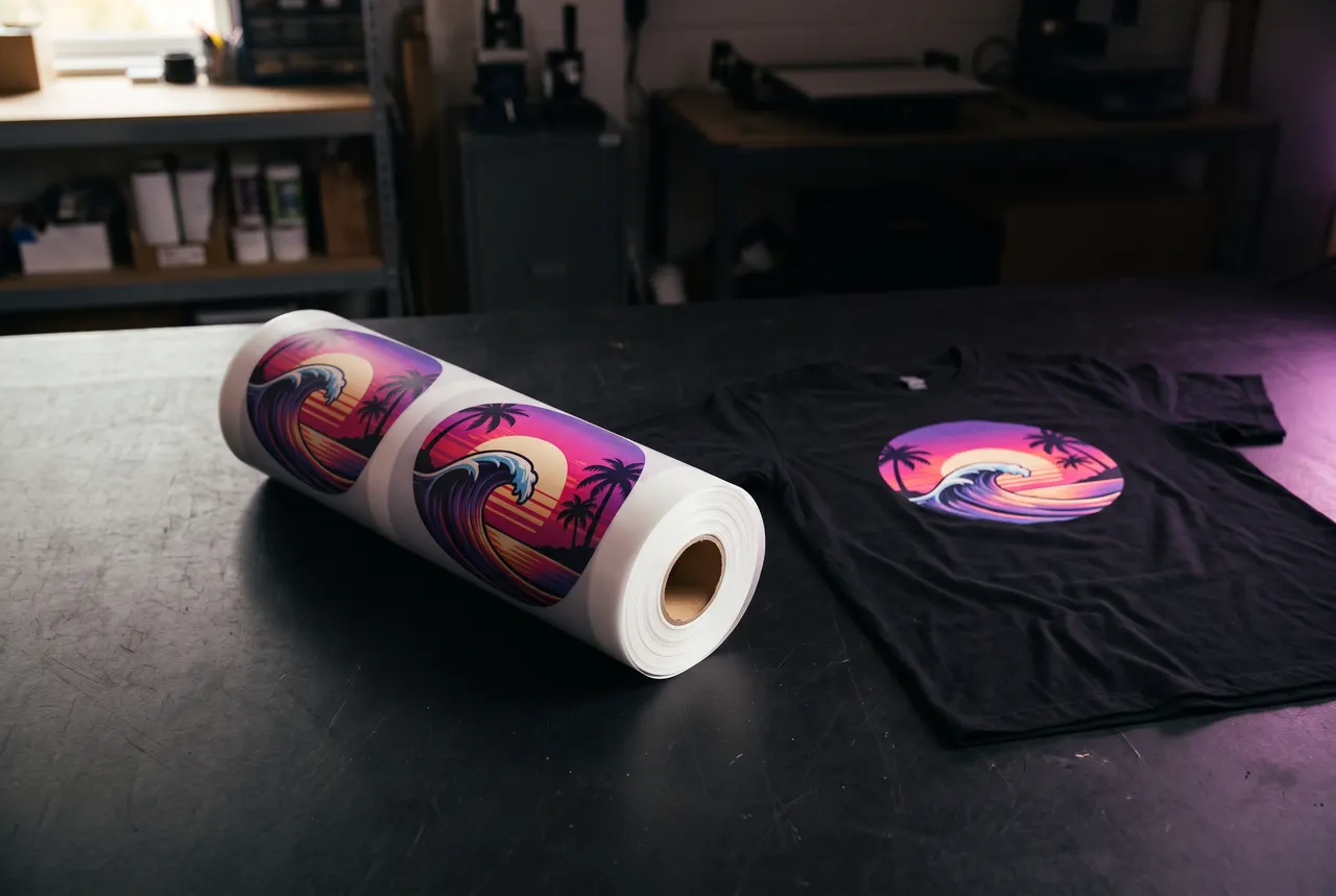 A roll of printed DTF film beside a pressed t-shirt in the print room