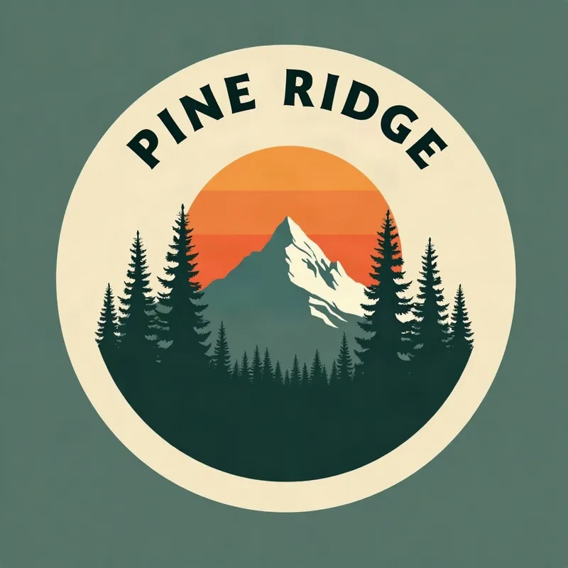A round Pine Ridge badge with pine trees and a mountain on a teal background