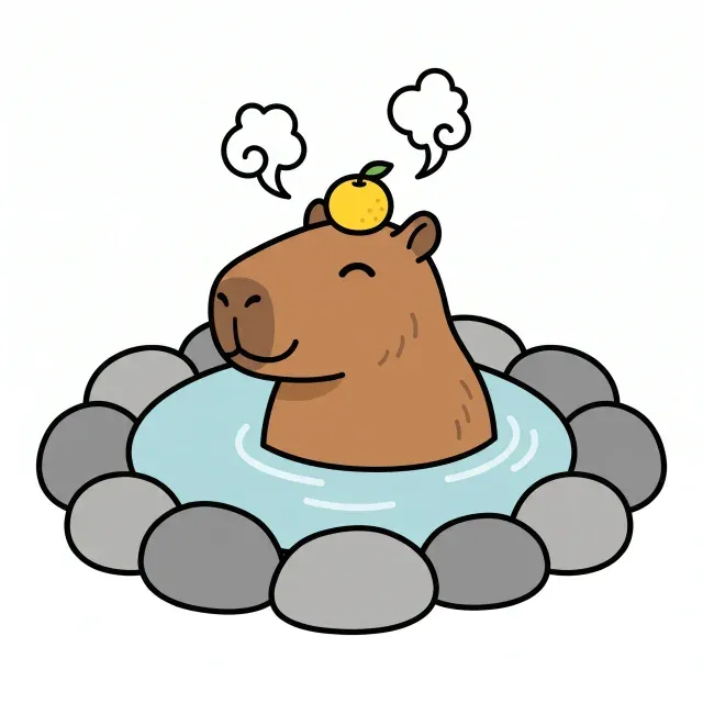 A cartoon capybara in a hot spring on a white background