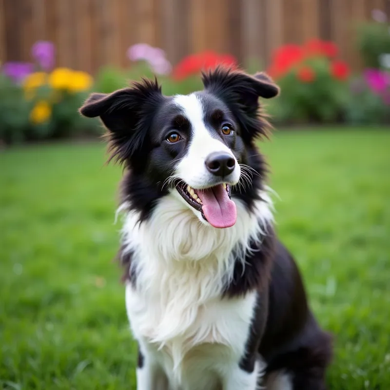 A photo of a border collie sitting on a garden lawn