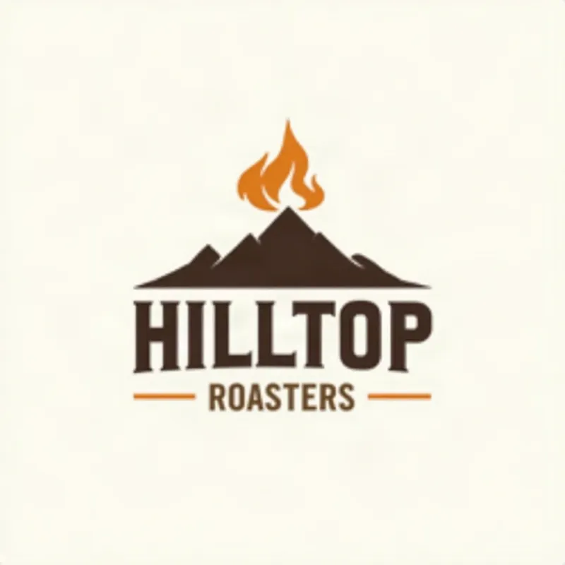 A Hilltop Roasters logo, a flame over a mountain, on a white background