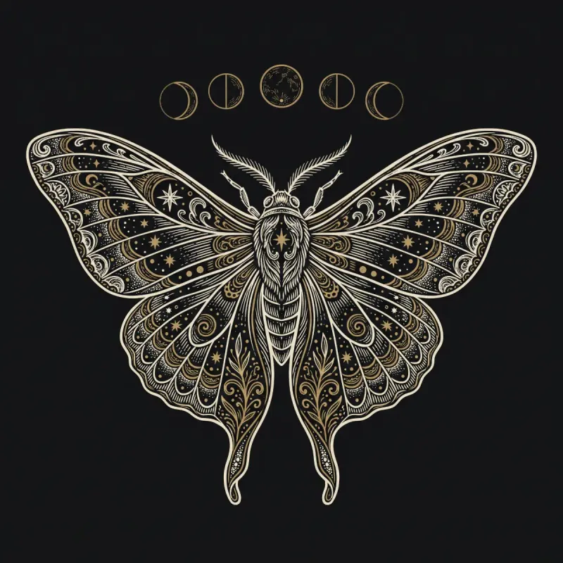 A gold line drawing of a moth on a black background